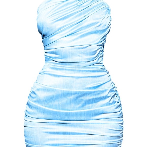 Light Blue Printed Satin Asymmetric Bodycon Dress - Picture 3 of 3